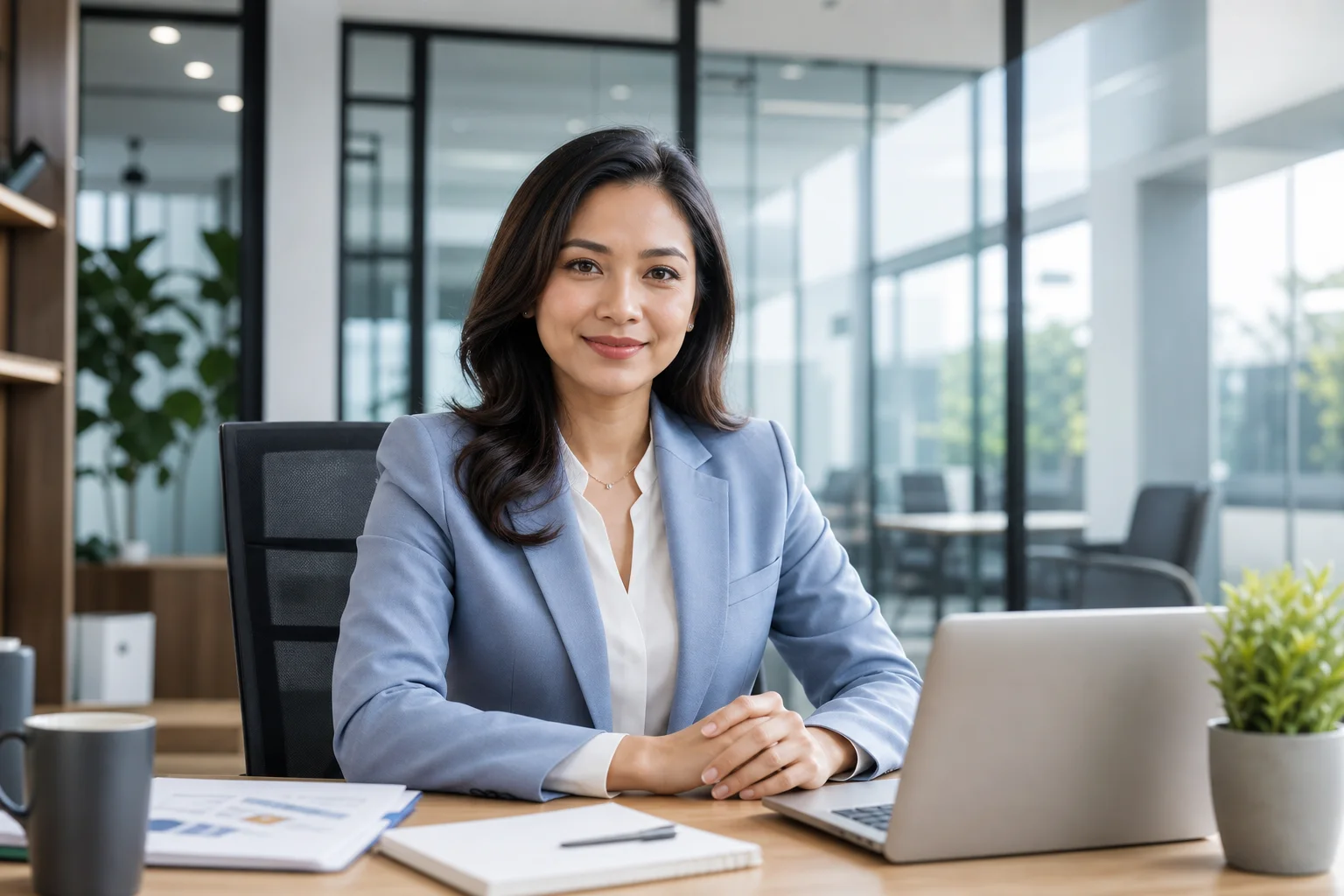Perempuan profesional duduk di kantor modern untuk halaman login Insimen