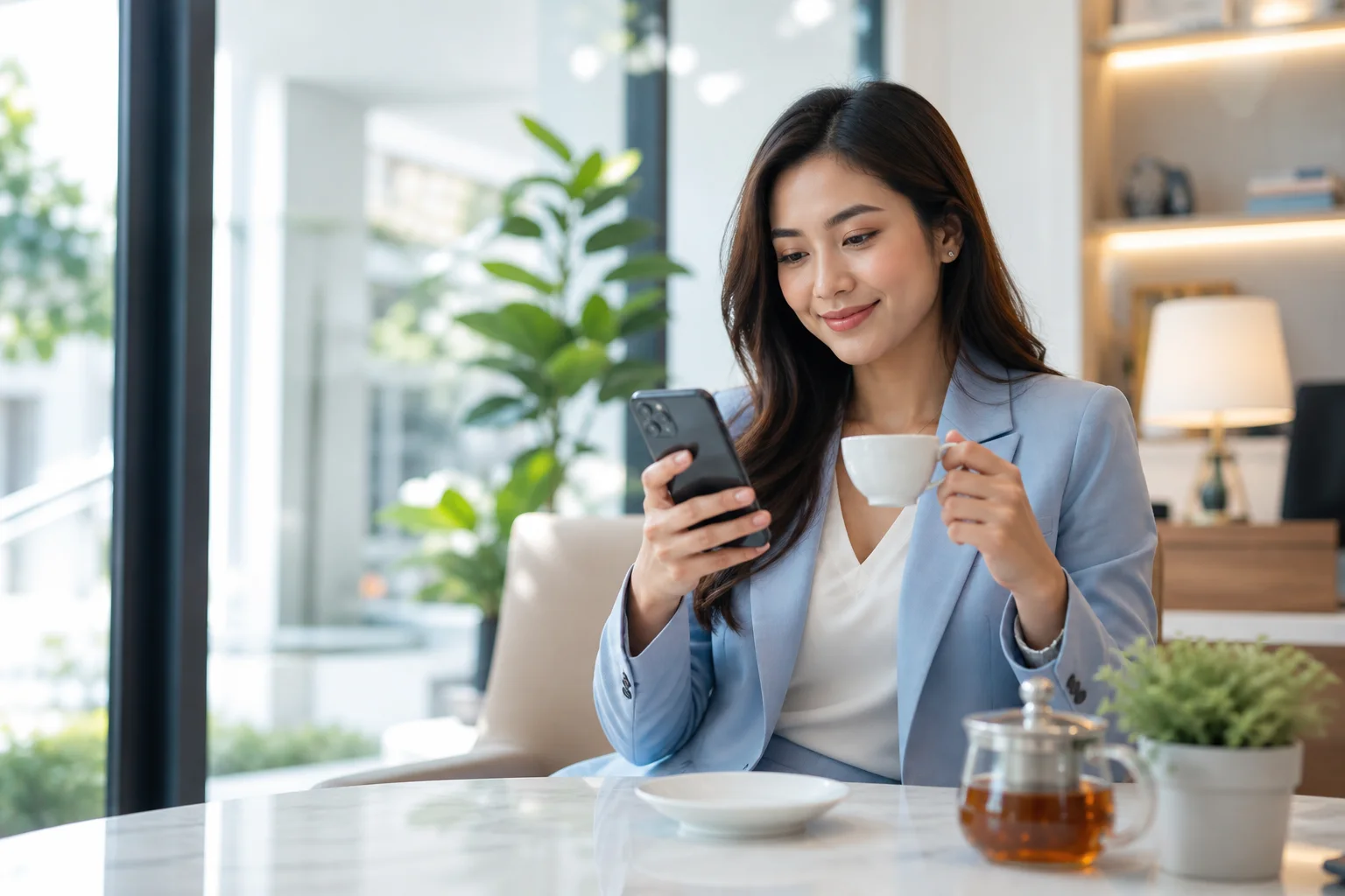 Perempuan profesional memegang handphone sambil minum teh untuk akun individual Insimen