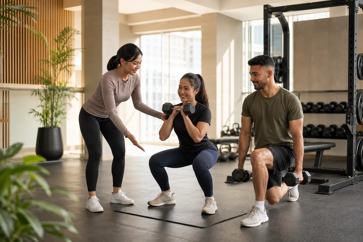 Coach mendampingi dua member dalam sesi latihan gym