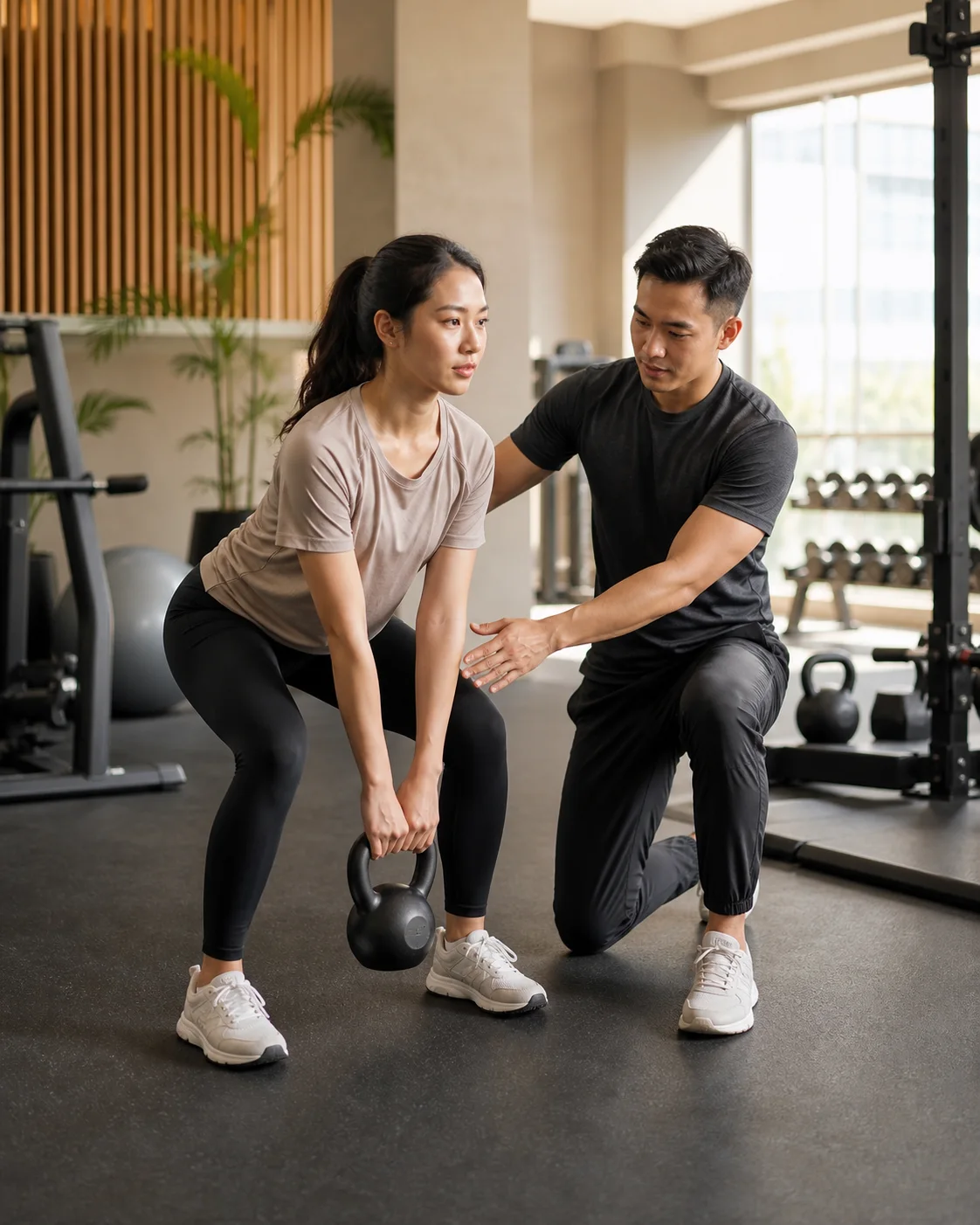 Coach memberi arahan teknik kettlebell kepada member