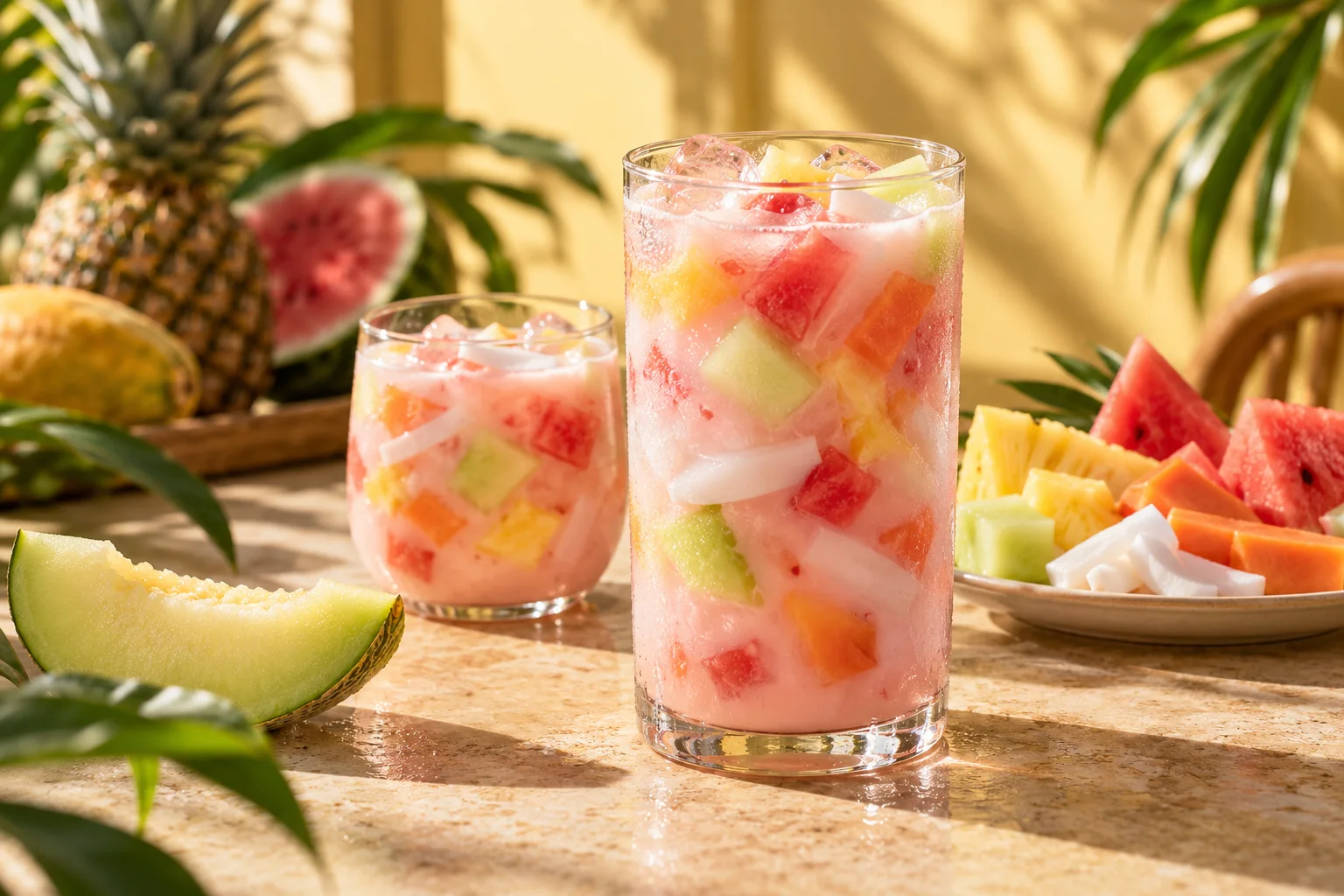 Es buah dingin dengan potongan buah berwarna dalam gelas