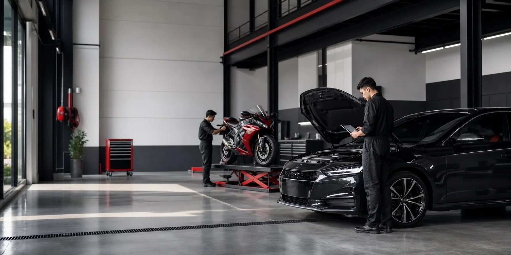 Teknisi memeriksa mobil dan motor di area servis Mauntir