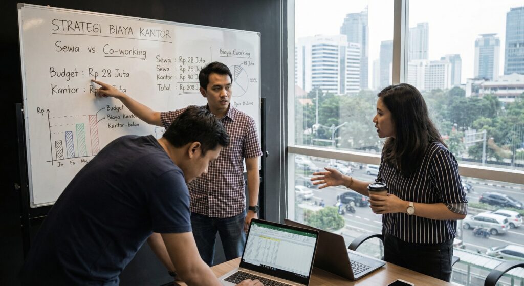 Diskusi tim pendiri Startup Jakarta mengenai strategi biaya kantor.